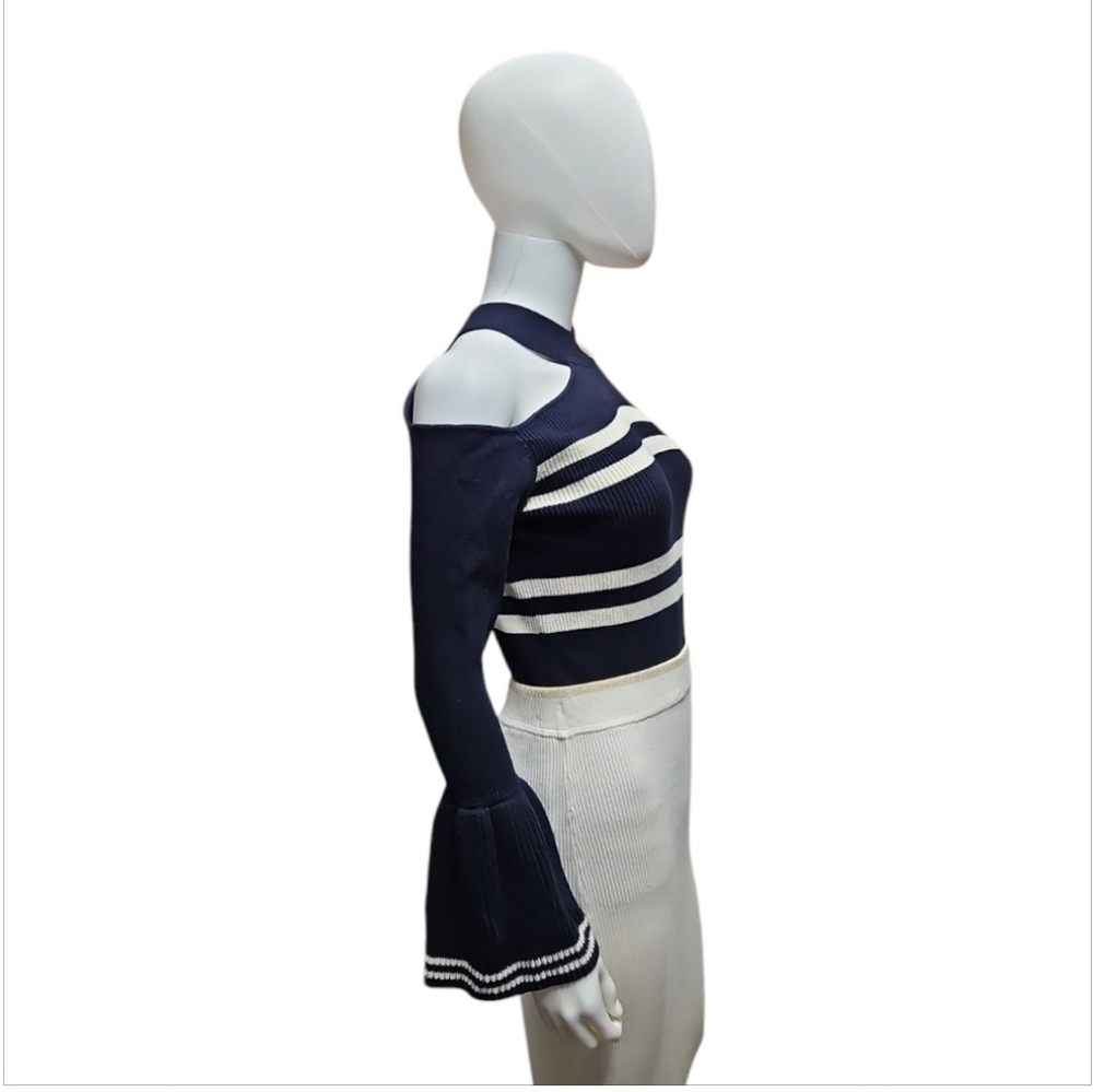 SELF-PORTRAIT | Cold Shoulder Striped Ruffle Sweater in Size Medium - Picture 5 of 9